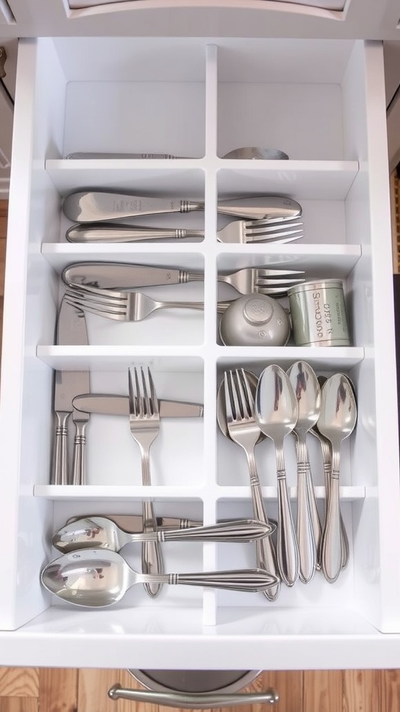 An organized kitchen drawer with silver utensils separated by dividers.