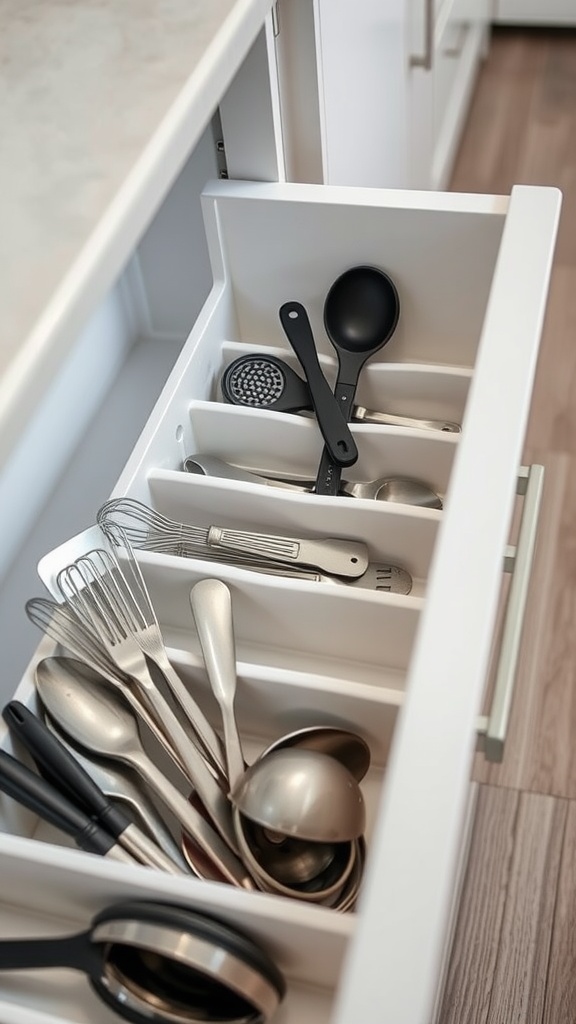 An organized kitchen drawer with utensil dividers separating different cooking tools.