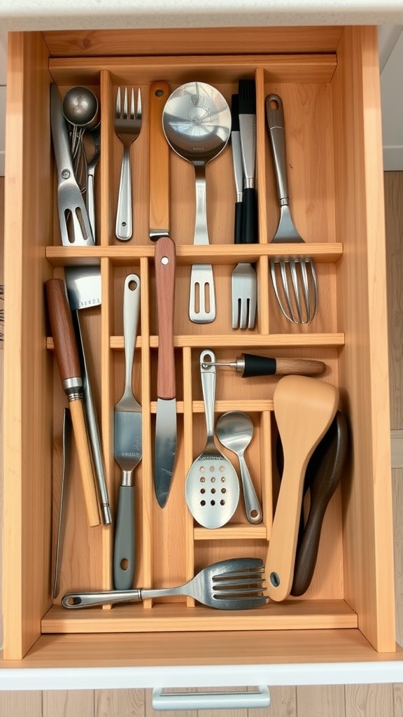 A well-organized kitchen drawer with wooden dividers separating various utensils.