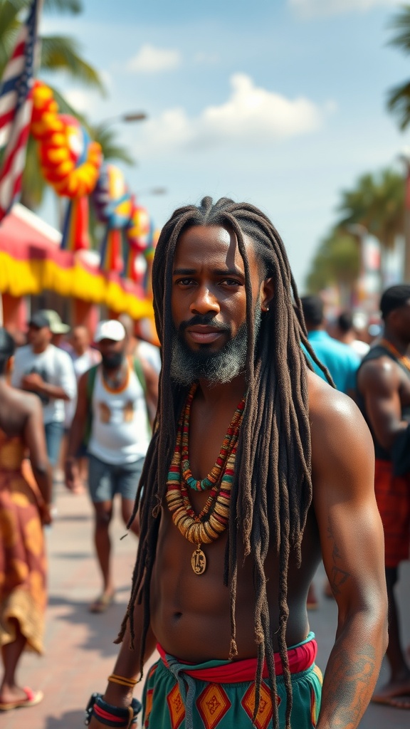 A man with dreadlocks and colorful jewelry standing confidently in a festive street setting.