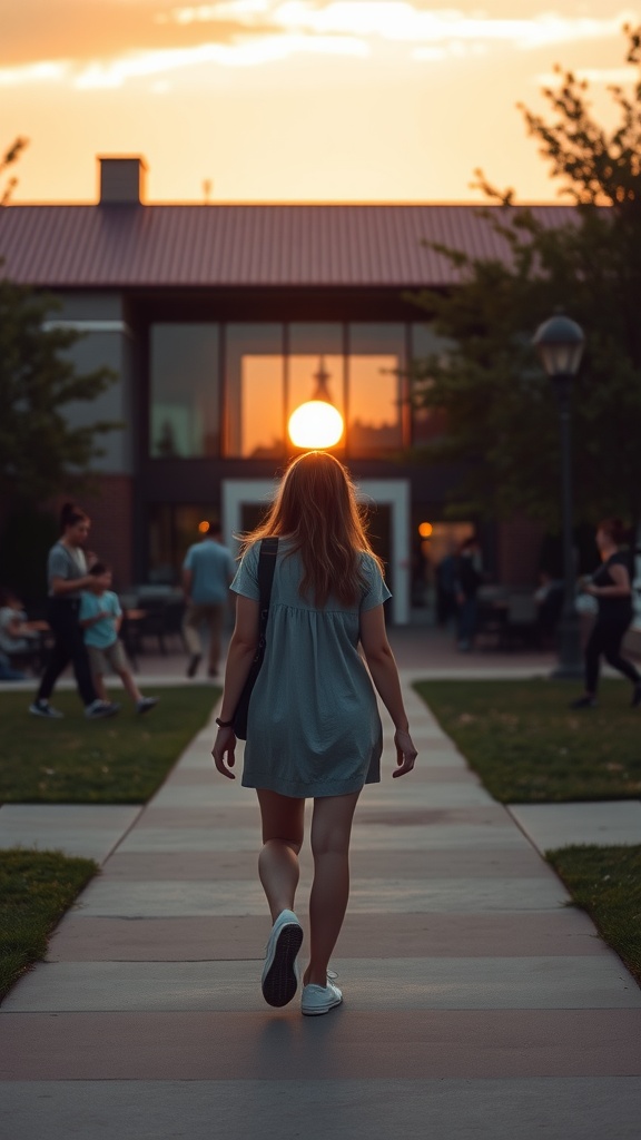 A student walking on campus at sunset, wearing a casual dress.