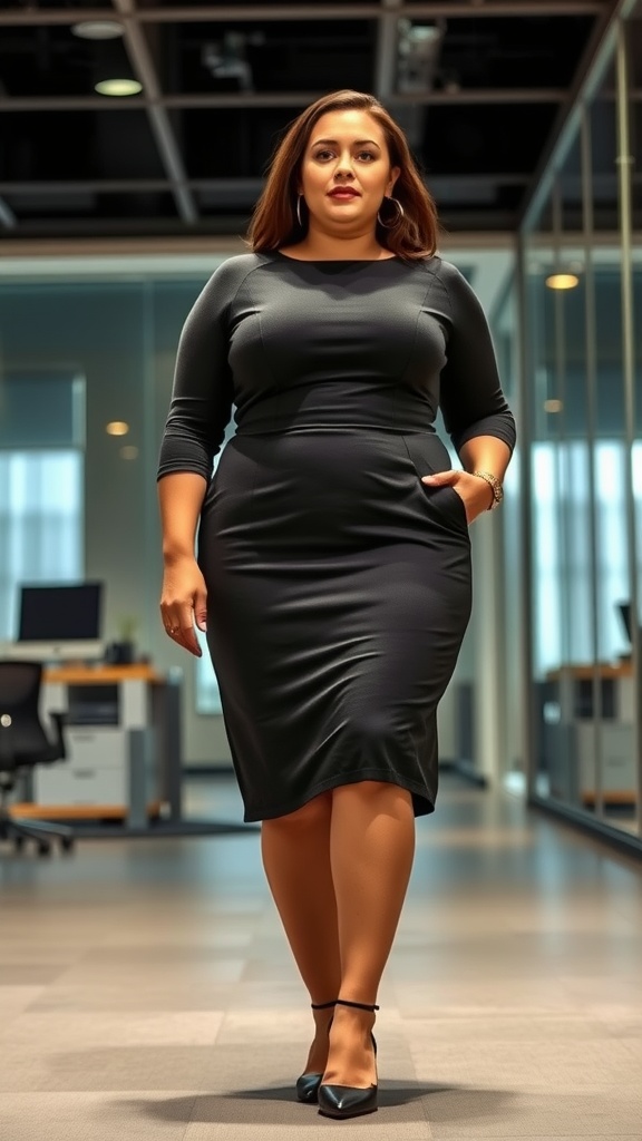 A woman in a fitted black dress with three-quarter sleeves, walking confidently in a modern office setting.