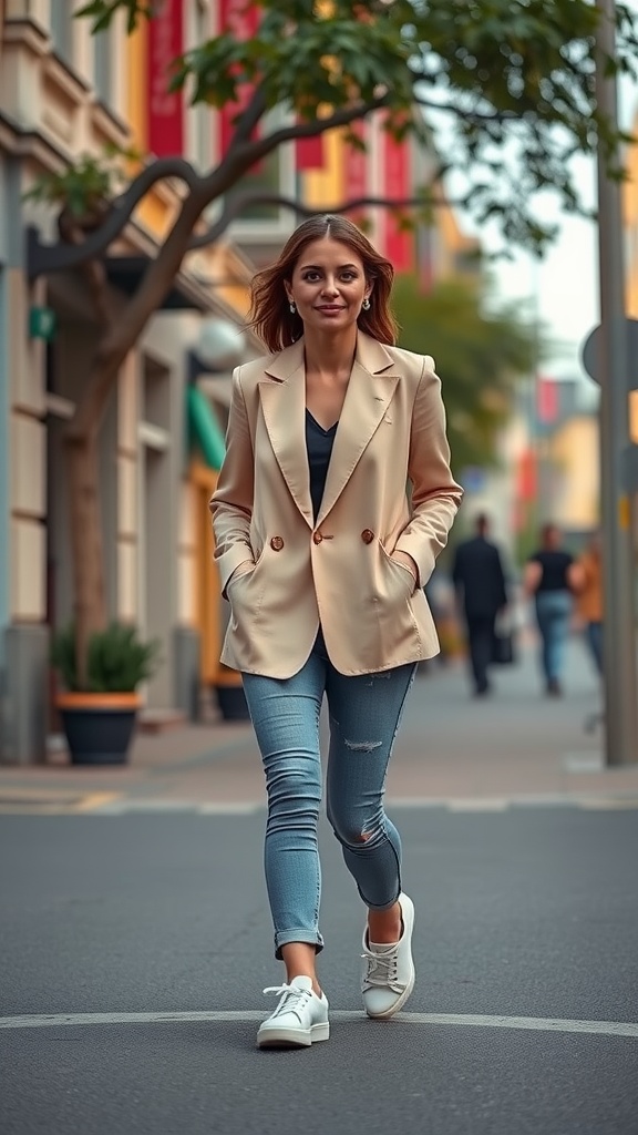 Woman in a light blazer and jeans walking in the street with white sneakers.