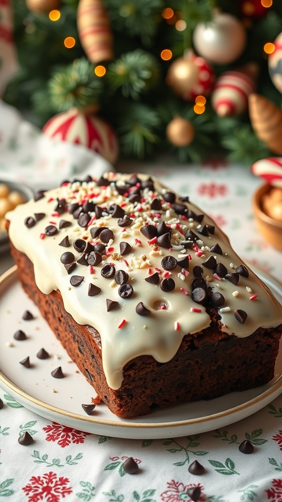 A festive chocolate chip banana bread decorated with a creamy glaze and festive sprinkles.
