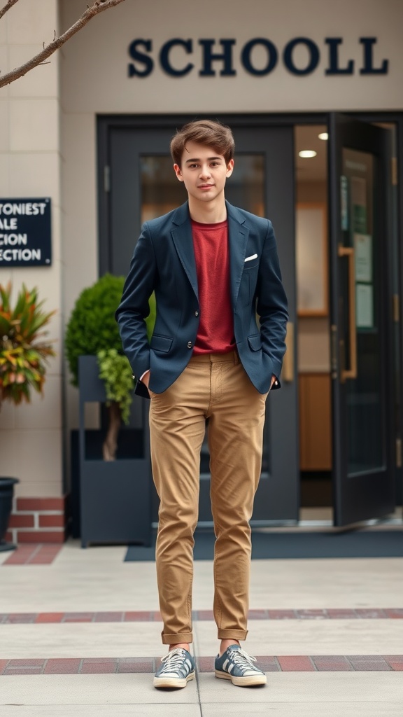 A young man wearing a navy blazer, red t-shirt, light brown chinos, and sneakers, standing in front of a school entrance.