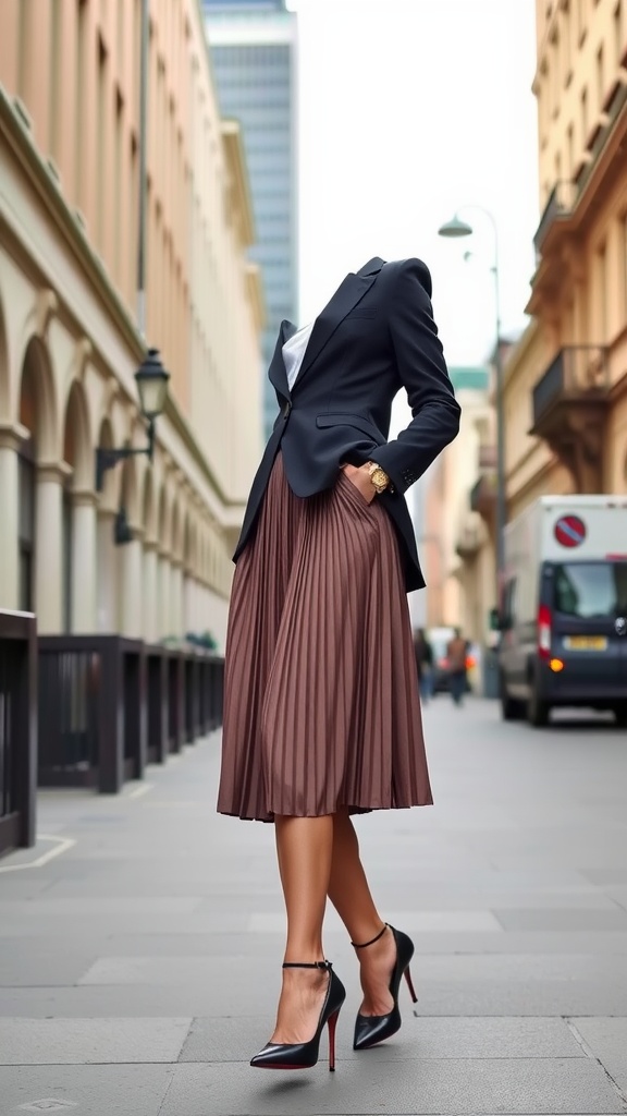 A woman in a blazer and pleated midi skirt walking on a city street