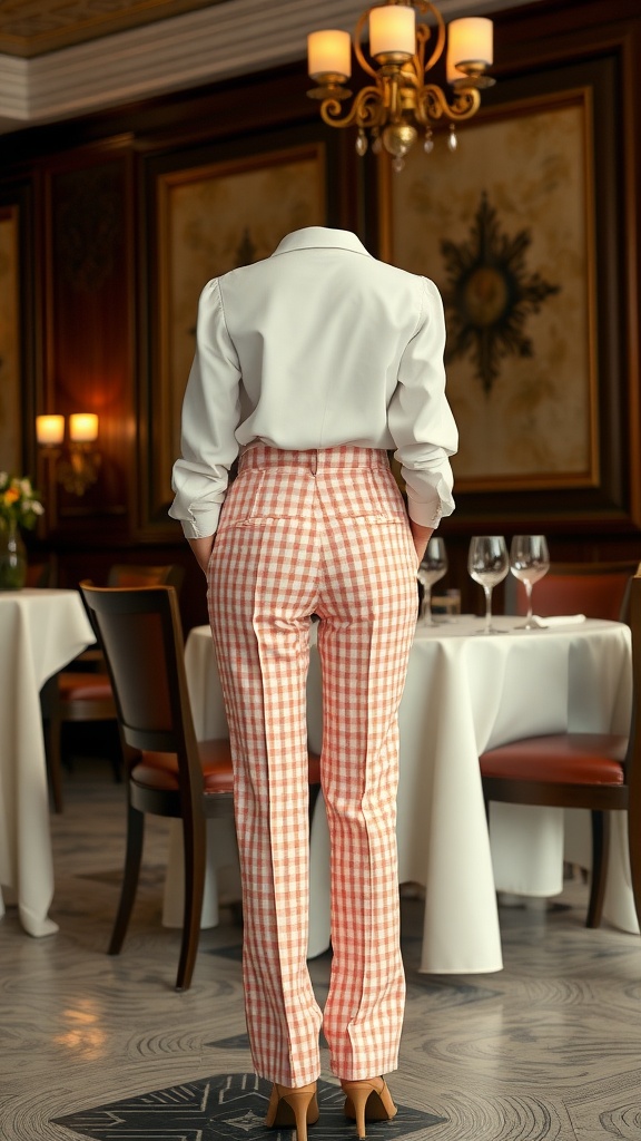A woman in pink and white gingham pants and a white blouse standing in an elegant restaurant setting.