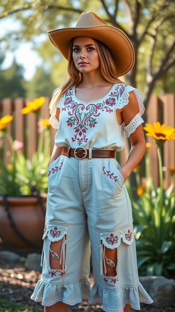 A woman wearing a stylish western romper with floral embroidery and a wide-brimmed hat, surrounded by flowers in a garden.