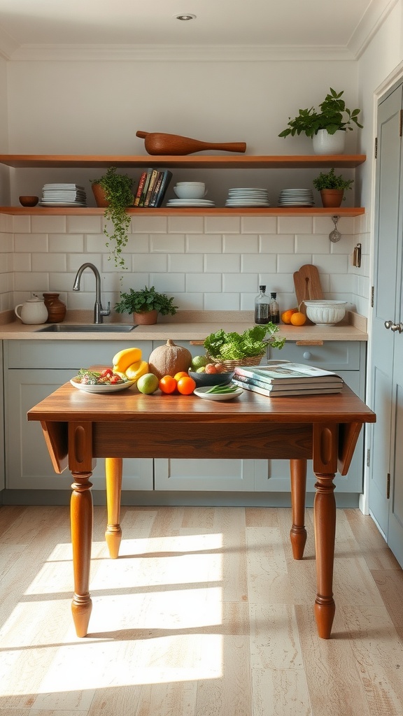 A cozy kitchen featuring a drop-leaf table with fruits on it and a bright environment.