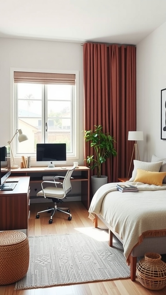 A modern dual-purpose home office and bedroom setup with a desk, chair, bed, and plants.