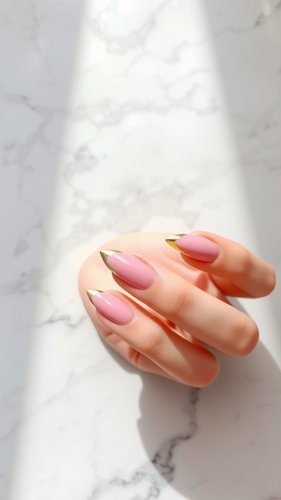 A hand with pink chrome French tip nails featuring gold tips, resting on a marble surface.