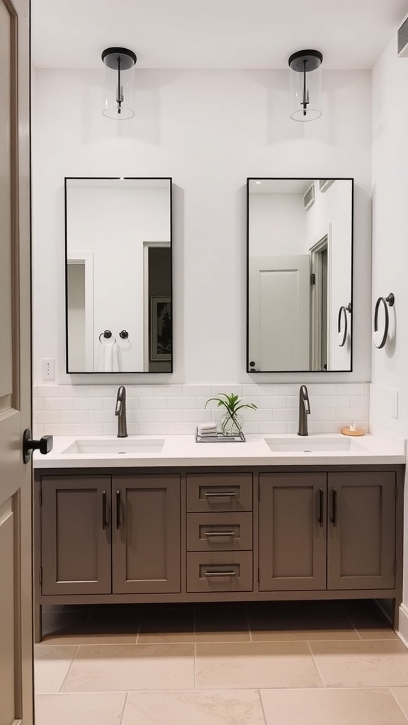 A Jack and Jill bathroom featuring a dual vanity with two sinks, mirrors, modern fixtures, and decorative accents.