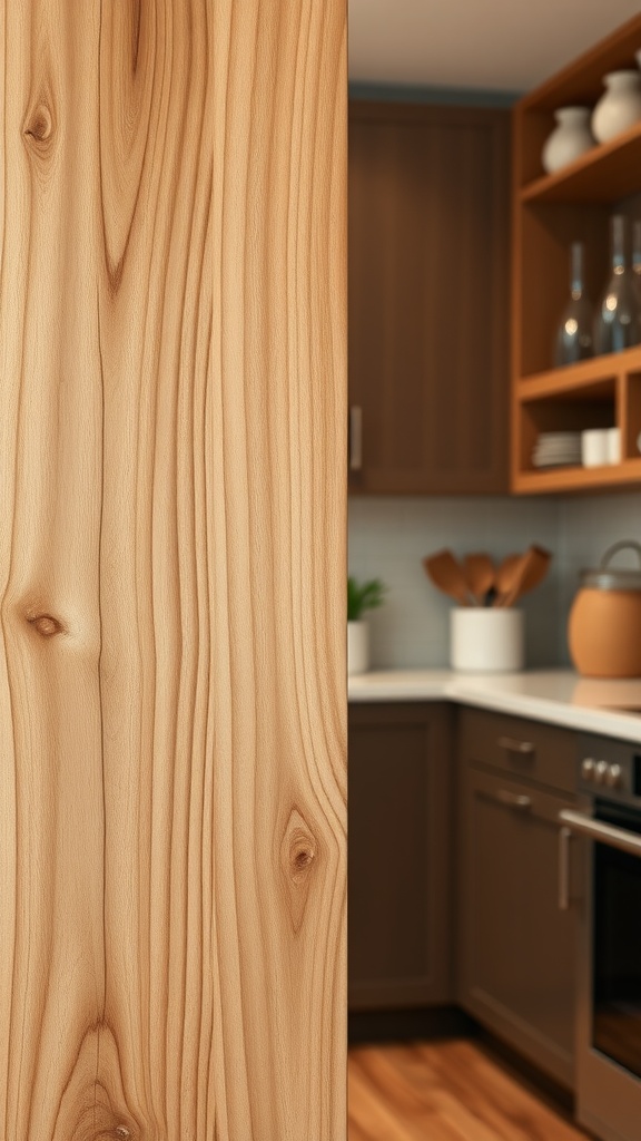 A close-up view of maple wood showcasing its smooth texture and natural grains, with a modern kitchen in the background.