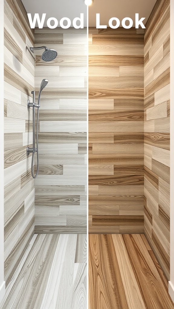 Image showing wood look tile shower walls in two different styles, one light and one dark.