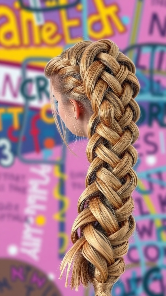 A close-up of a Dutch braid hairstyle, showcasing a thick, well-defined braid with blonde tones against a colorful background.