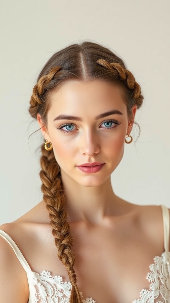 A woman with a Dutch braid crown hairstyle, showcasing neat braids framing her face.