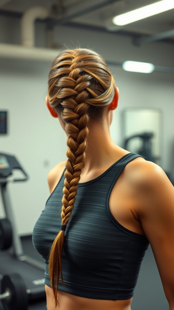 A woman with a Dutch braid hairstyle in a gym setting, wearing a sports top.