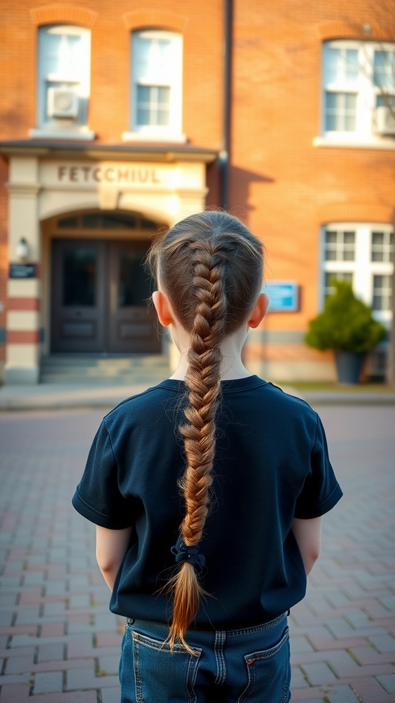 A boy with a Dutch braid hairstyle standing in front of a building.