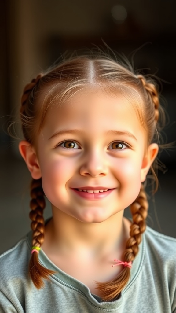 A young girl with Dutch braid pigtails smiling brightly