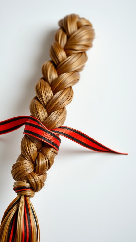 A golden Dutch braid with a red and black ribbon
