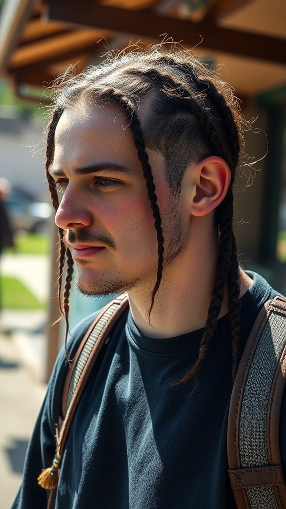 A young man with multiple Dutch braids, showcasing a unique hairstyle.