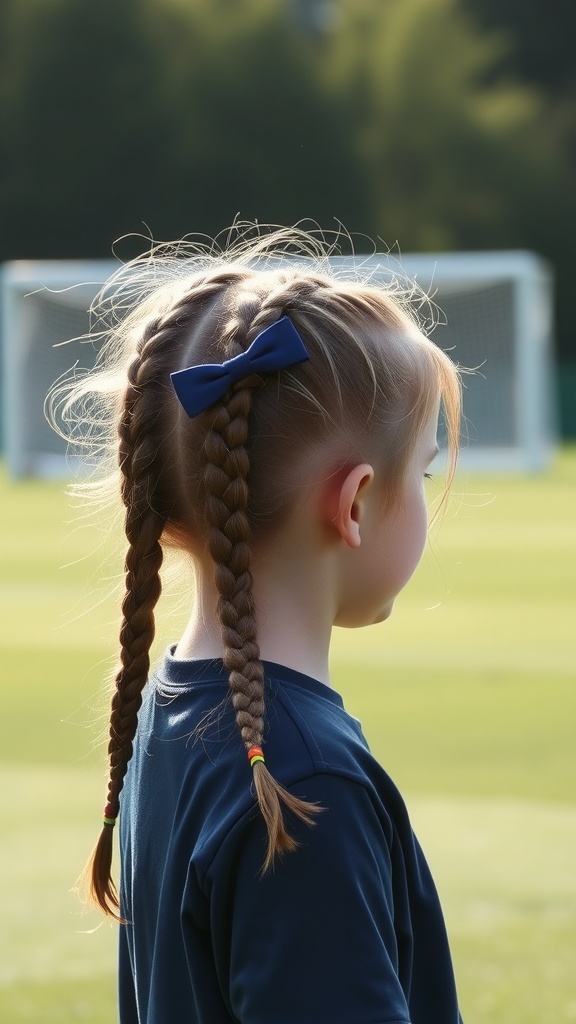 A child with two Dutch braids and a blue bow, set against a sports field backdrop.