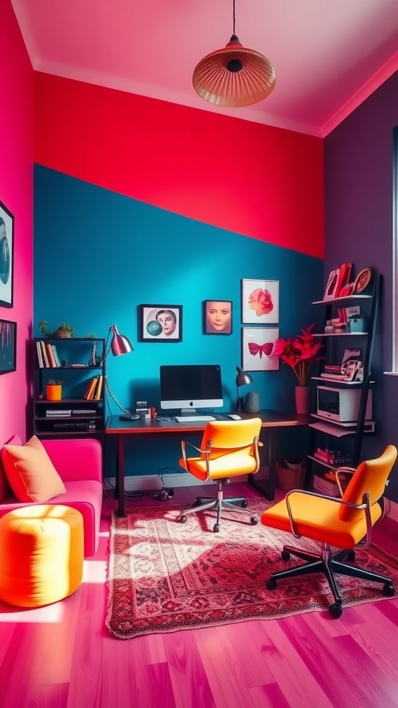 A modern home office featuring dynamic color schemes with pink and teal walls, orange furniture, and artistic decor.
