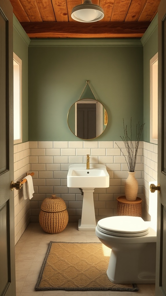 A rustic farmhouse bathroom with green walls, white tiles, and wooden accents.