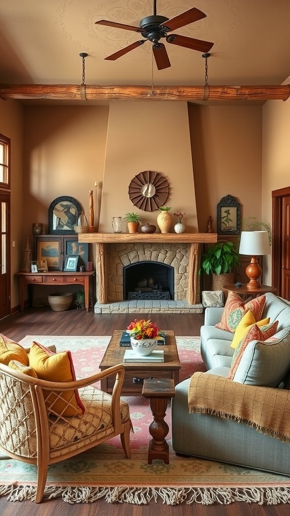 A cozy western farmhouse living room with earthy tones and colorful accents, featuring a stone fireplace and comfortable seating.