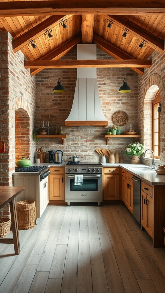 A rustic farmhouse kitchen featuring stone and brick walls, wooden beams, and natural wood cabinetry.