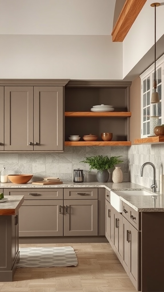 A kitchen with earthy taupe cabinets, wooden shelves, and a granite countertop, showcasing a cozy and stylish design.
