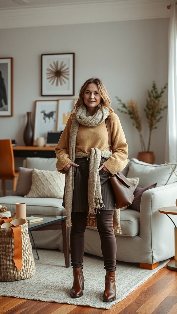 A woman wearing a cozy mustard sweater and brown pants, layered with a scarf, in a stylish indoor setting.