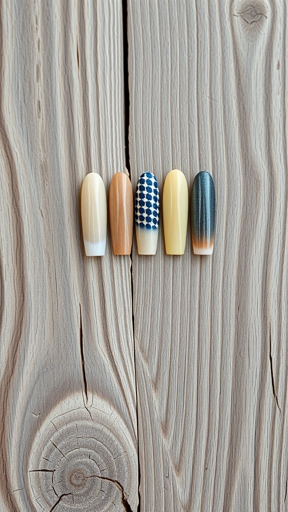 Five medium coffin nails in earthy tones with various textures on a wooden background.