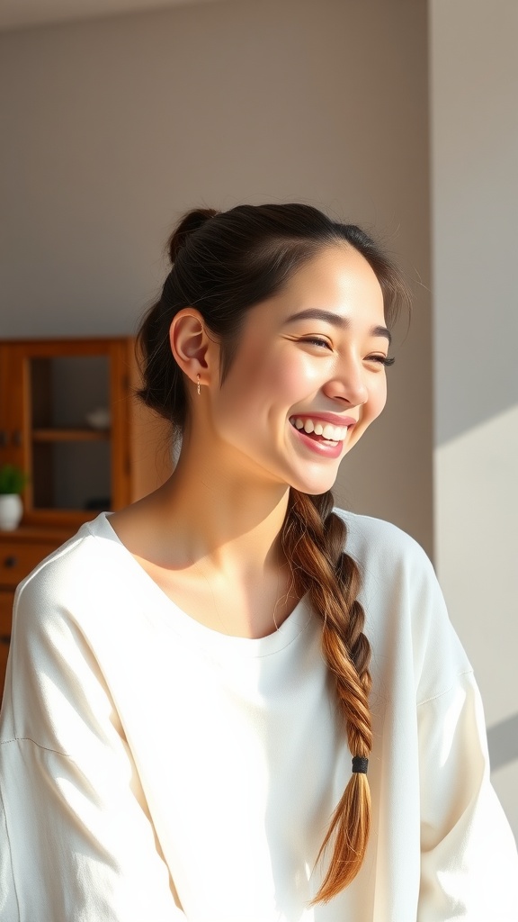 A young woman with a braided ponytail smiling brightly.