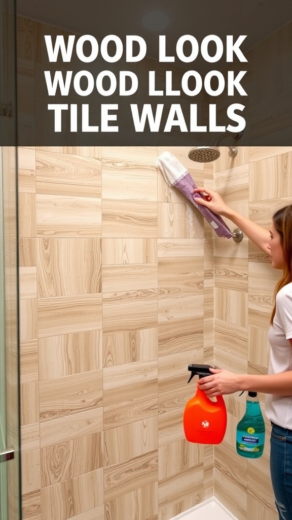 A person cleaning wood look tile shower walls with a spray cleaner and cloth.
