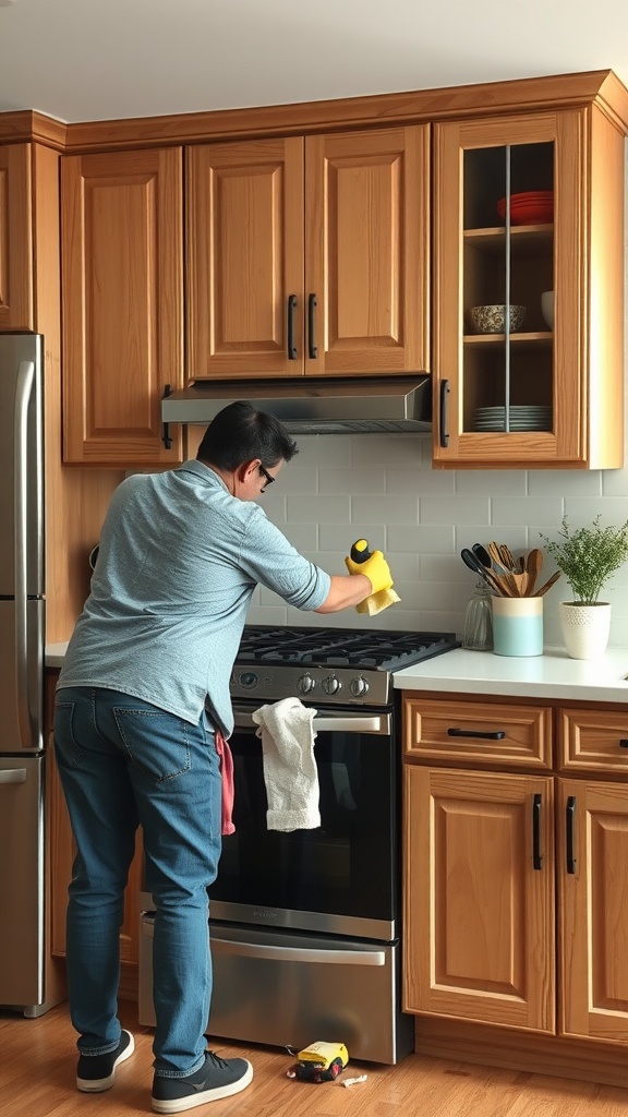 A person cleaning alder wood kitchen cabinets with a sponge
