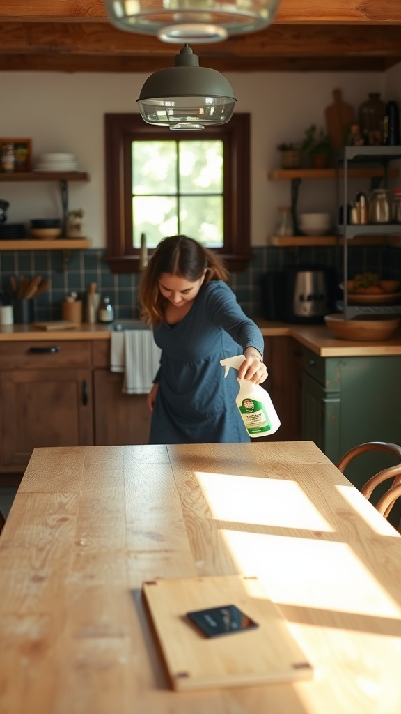 A woman cleaning a farmhouse kitchen table with a spray cleaner