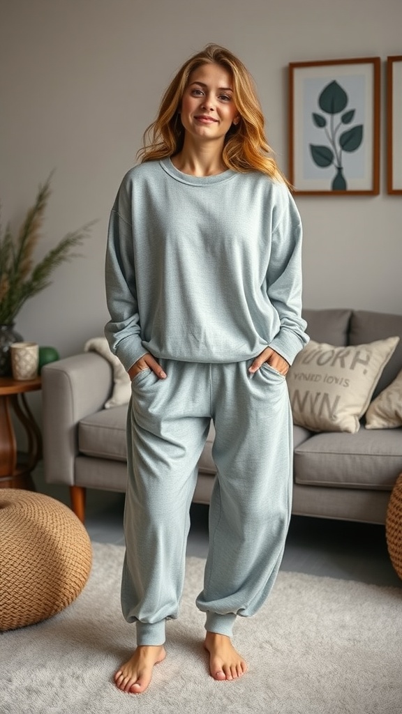 A woman in a light blue loungewear set, standing barefoot in a cozy living room.