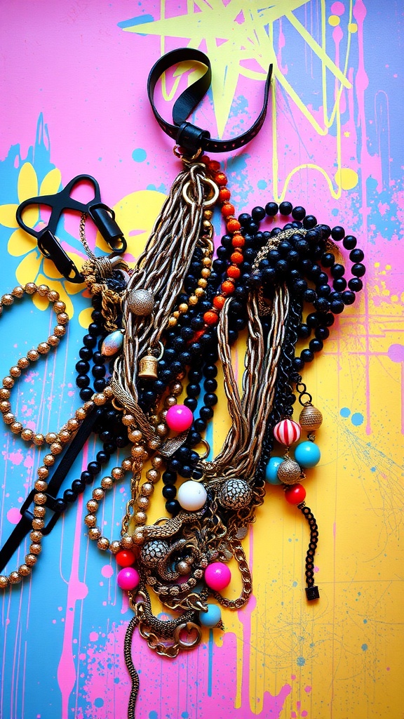 Colorful beads and chains on a vibrant background