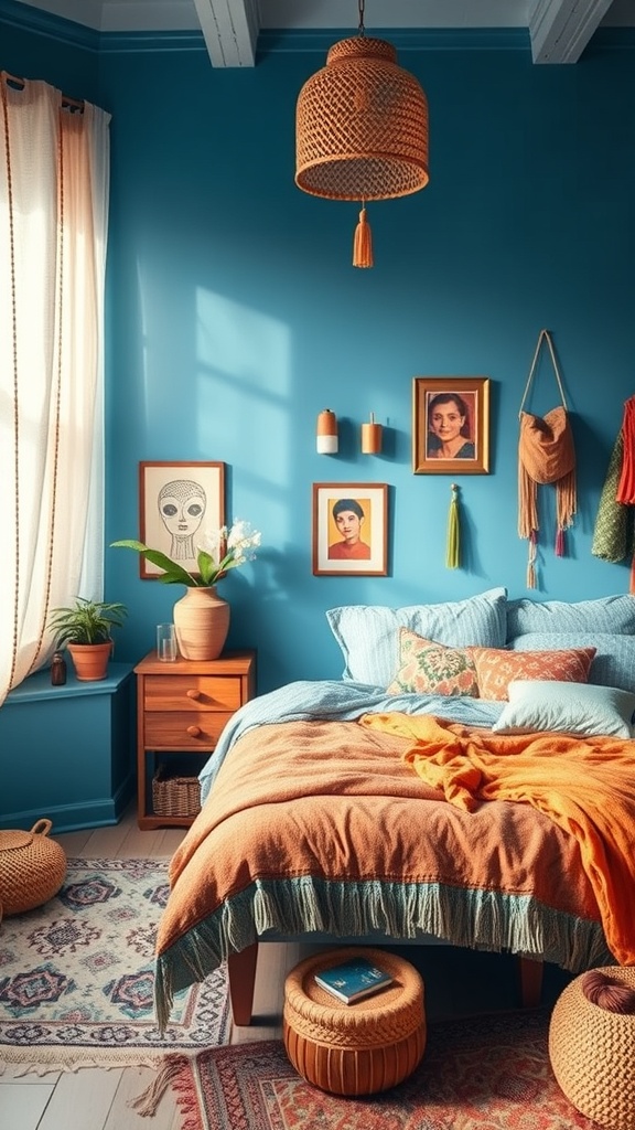 A vibrant blue bedroom featuring eclectic bohemian decor with orange accents, unique artwork, and a cozy atmosphere.