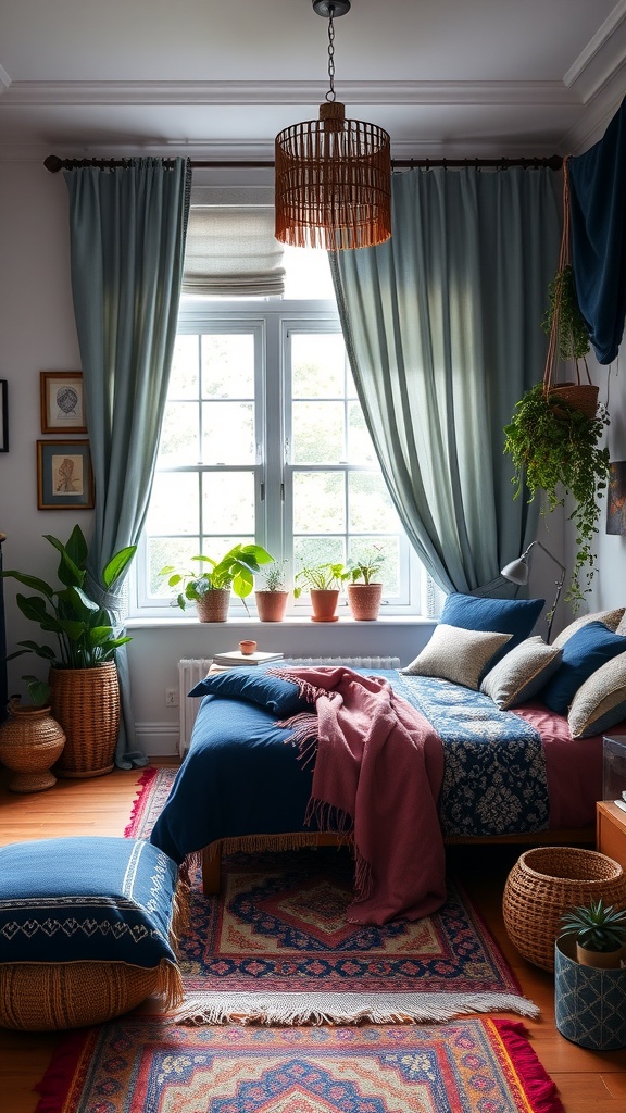 A cozy navy blue bedroom featuring eclectic decor, plants, and warm textiles.