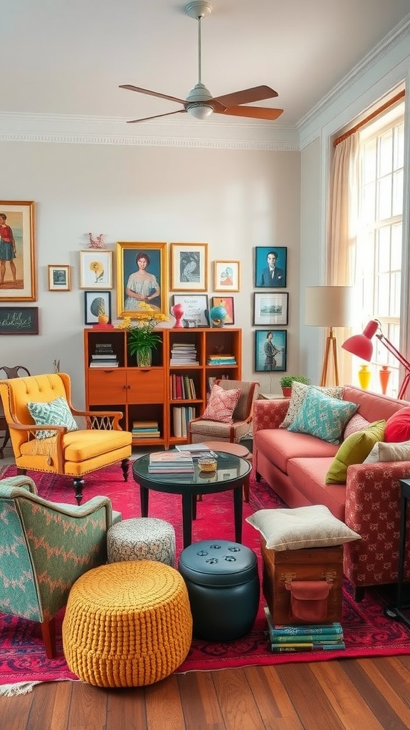 A colorful and eclectic living room with various seating options, artwork on the walls, and a vibrant rug.