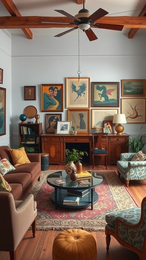 A stylish living room featuring a mix of eclectic decor, framed art, diverse furniture pieces, and vibrant textiles.