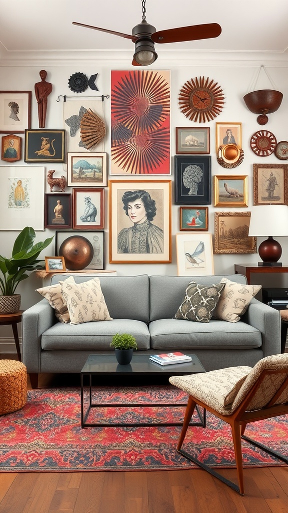 A stylish living room featuring a grey sofa, vibrant gallery wall art, and eclectic decor.
