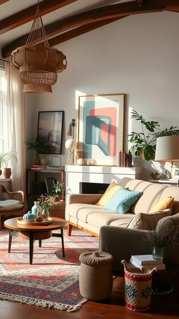 A cozy boho living room with natural light, eclectic furniture, and vibrant decor