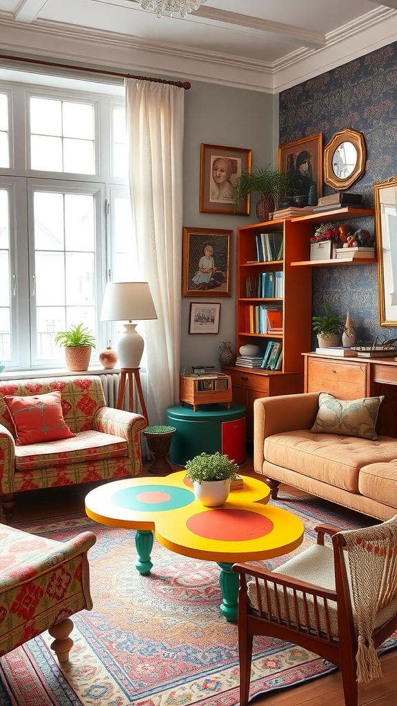 An eclectic living room featuring colorful furniture, a unique coffee table, and framed artwork on the walls.