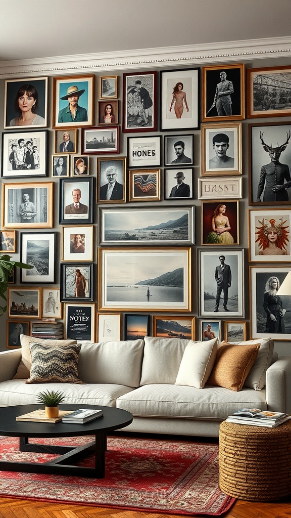 Wall filled with a variety of framed artwork and photographs, showcasing an eclectic gallery wall.