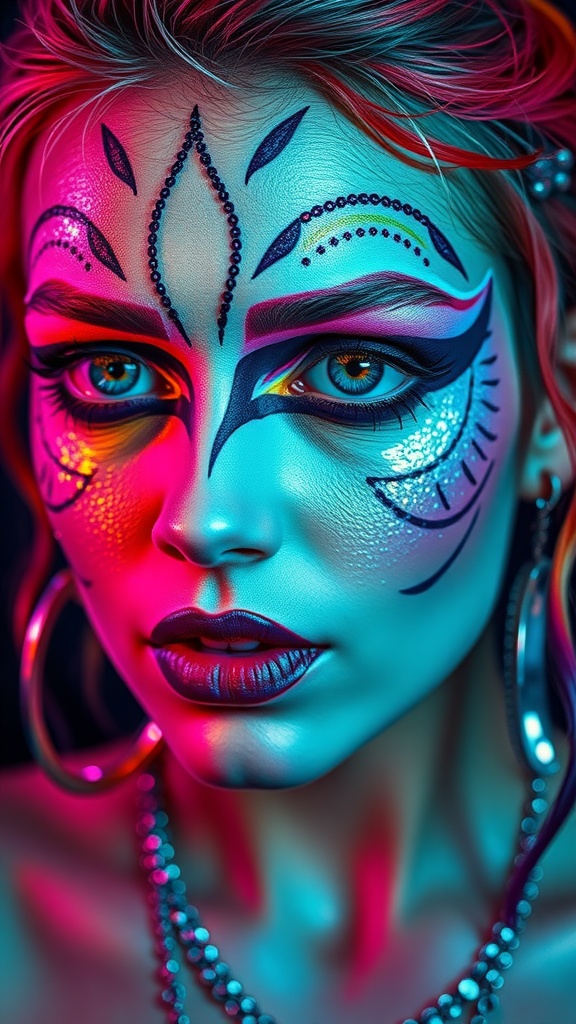 A close-up of a person with vibrant and intricate rave-themed makeup featuring blue and pink hues, dramatic eye designs, and rhinestones.
