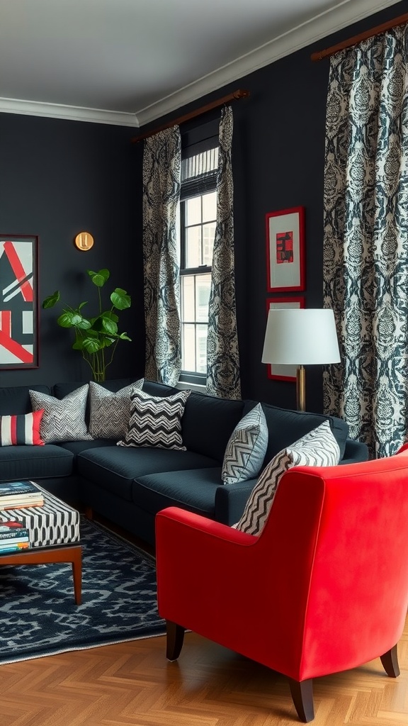 An eclectic black living room featuring a mix of patterned cushions, curtains, and a red accent chair.