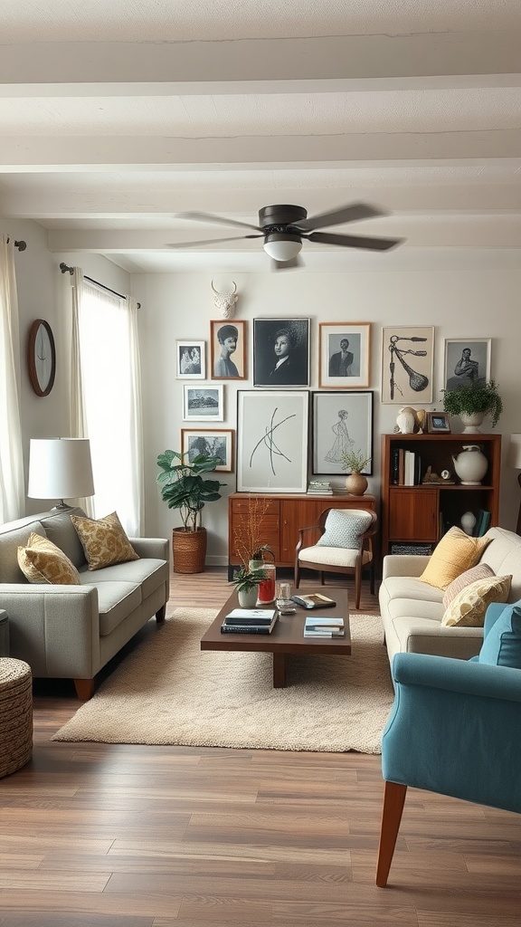 A cozy living room featuring a mix of furniture styles, a gallery wall of framed art, and green plants.